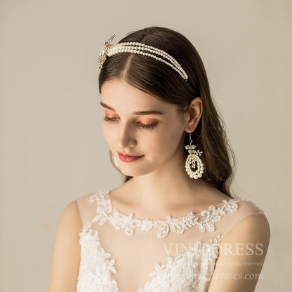 Vintage Pearl Eearrings and Headband Set AC1194-Headpieces 2025 -Viniodress-Headband&Earrings-