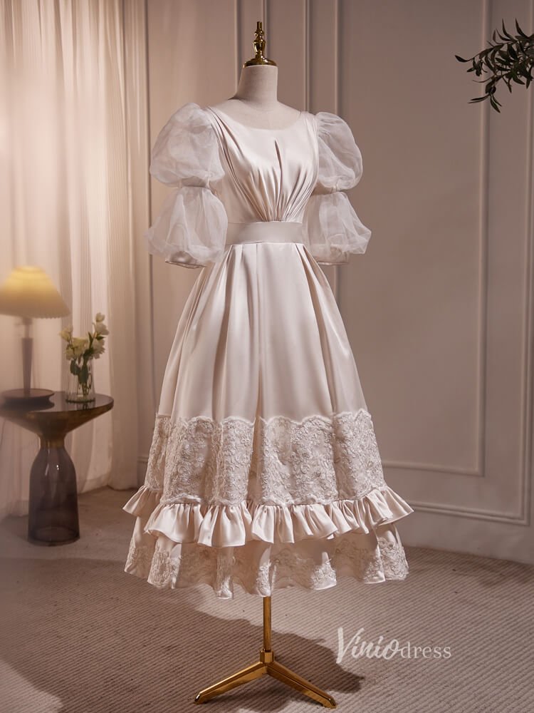 Vintage Puff Sleeve Gown Tea Length Champagne Satin Prom Dresses BJ010-prom dresses 2025 -Viniodress-Champagne-Custom Size-