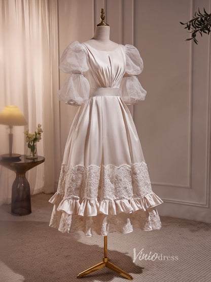 Vintage Puff Sleeve Gown Tea Length Champagne Satin Prom Dresses BJ010-prom dresses 2025 -Viniodress-Champagne-Custom Size-