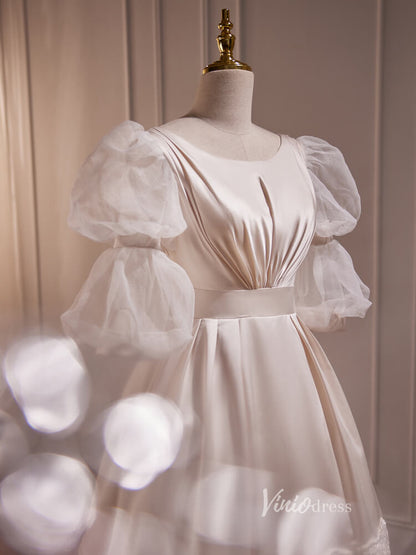 Vintage Puff Sleeve Gown Tea Length Champagne Satin Prom Dresses BJ010-prom dresses 2025 -Viniodress-Champagne-Custom Size-
