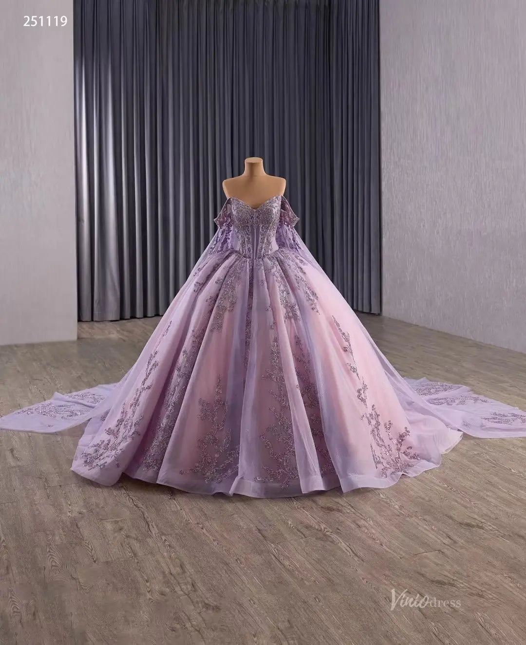 Vintage Purple Lace Ball Gown with Cape