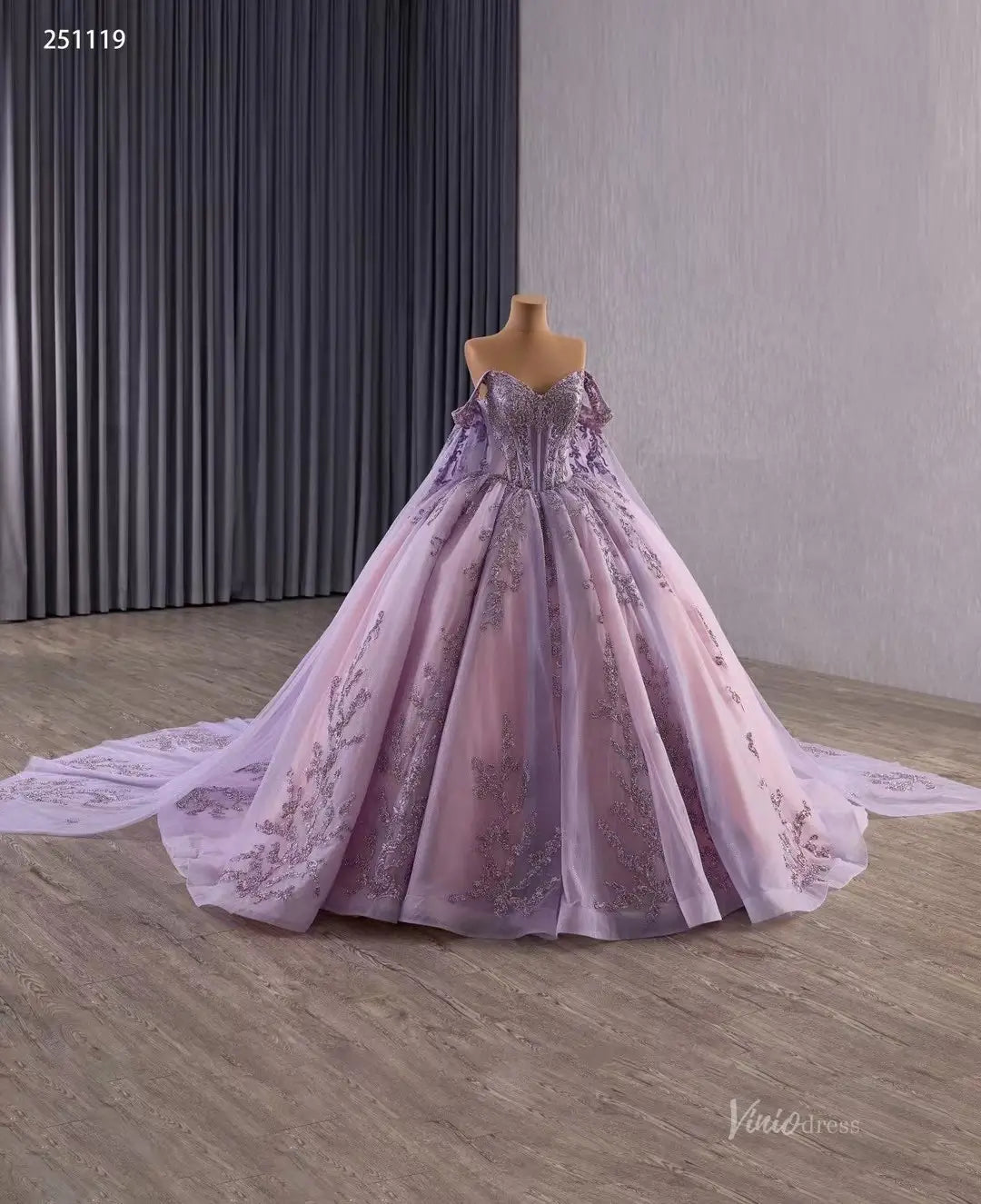 Vintage Purple Lace Ball Gown with Cape