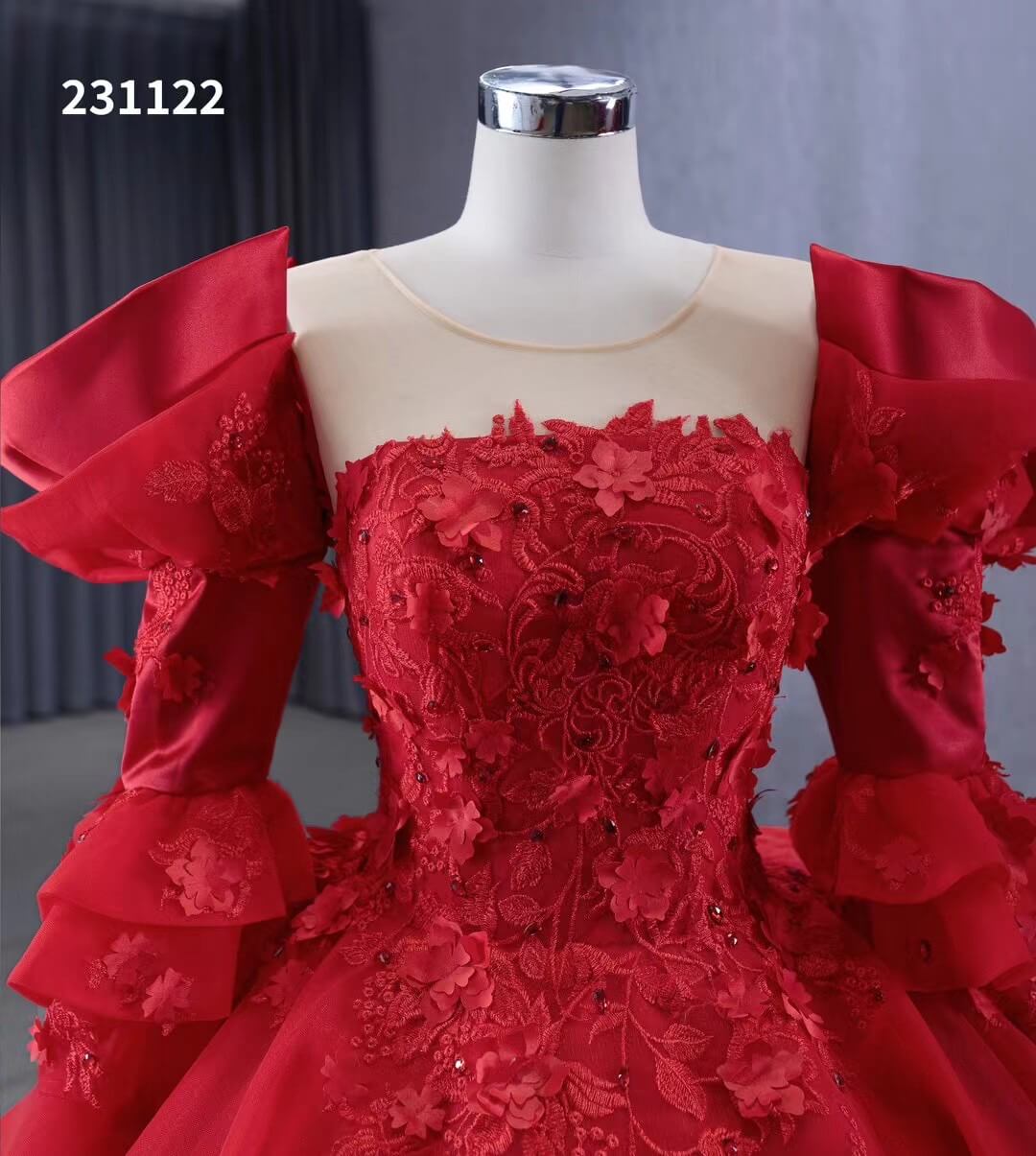 Vintage Red Satin Ball Gown Wedding Dresses Extra Long Sleeves
