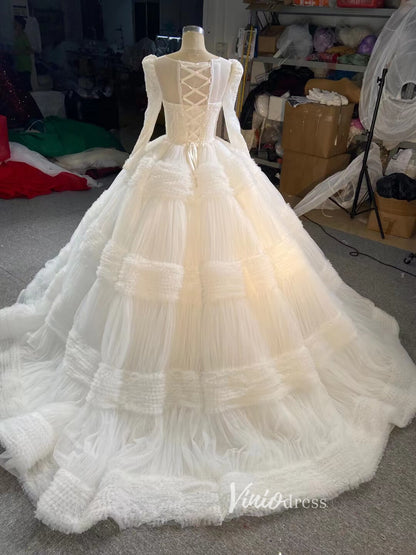 Vintage Ruffle Ball Gown Wedding Dresses 67372 Long sleeve-wedding dresses 2025 -Viniodress-Ivory-Custom Size-