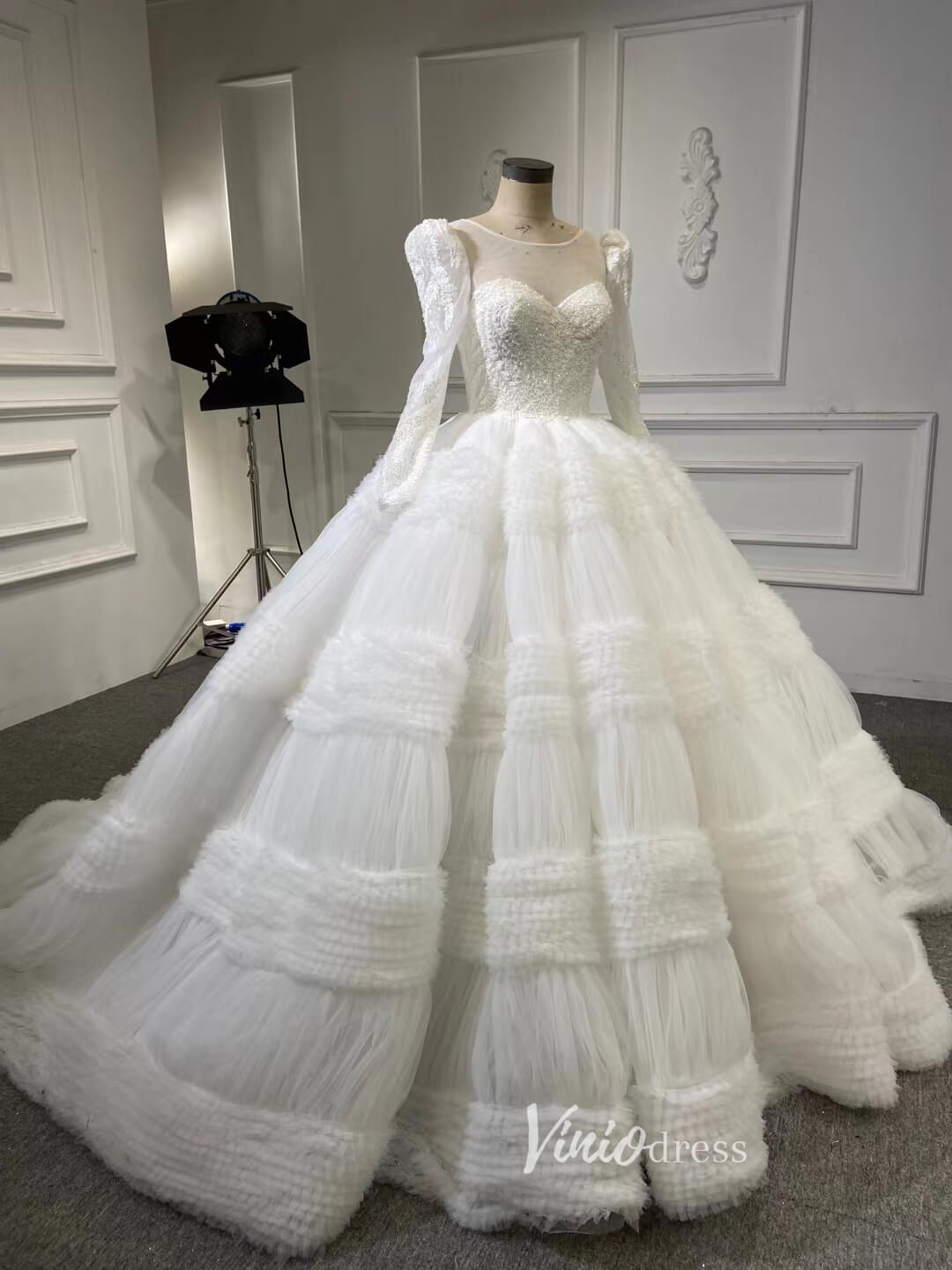 Vintage Ruffle Ball Gown Wedding Dresses 67372 Long sleeve-wedding dresses 2025 -Viniodress-Ivory-Custom Size-