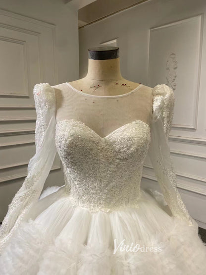 Vintage Ruffle Ball Gown Wedding Dresses 67372 Long sleeve-wedding dresses 2025 -Viniodress-Ivory-Custom Size-