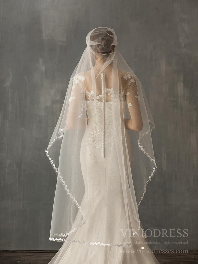 Vintage Waltz Length Bridal Veil with Leaf AC1240-Bridal Veil 2025 -Viniodress-Ivory-