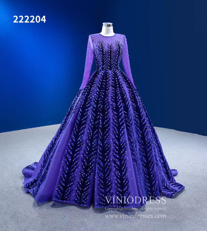 Violet Blue Ball Gowns Beaded Long Sleeve Wedding Dress 222204-Quinceanera Dresses 2025 -Viniodress-Blue-Custom Size-