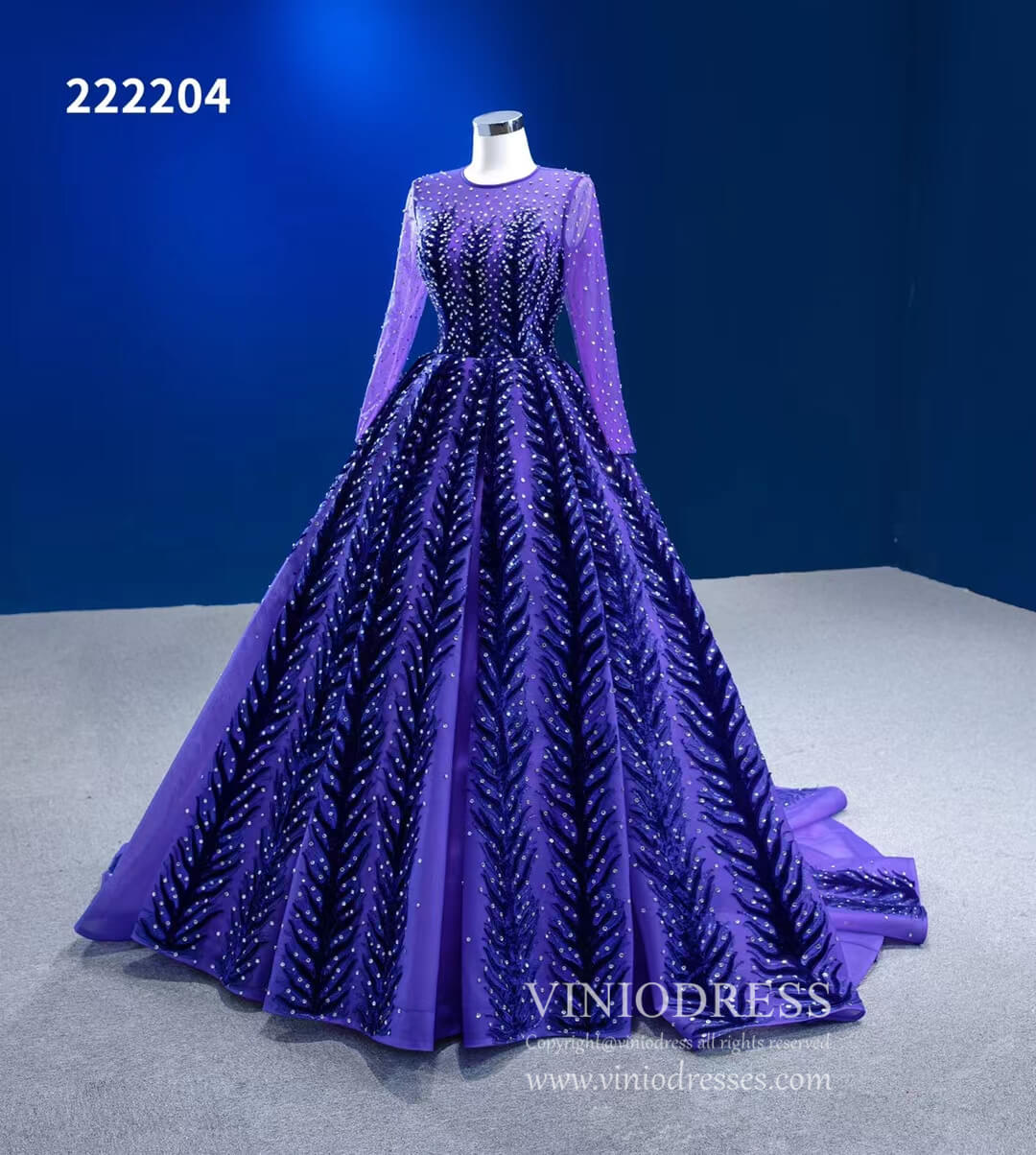 Violet Blue Ball Gowns Beaded Long Sleeve Wedding Dress 222204 – Viniodress