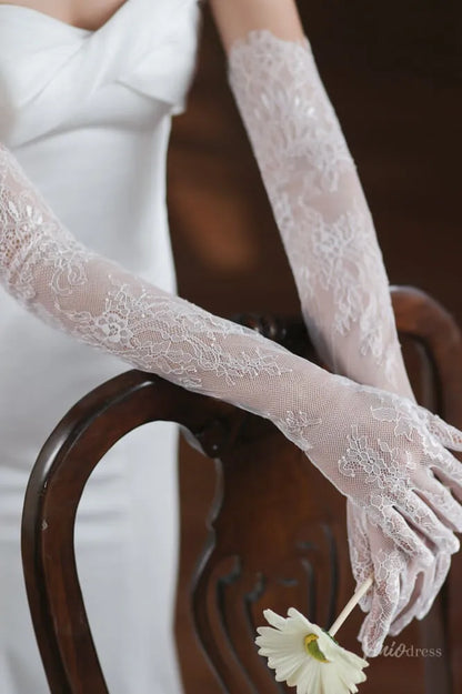 Romantic White Lace Bridal Gloves – Long Sheer Opera Wedding Gloves for Bride WG054