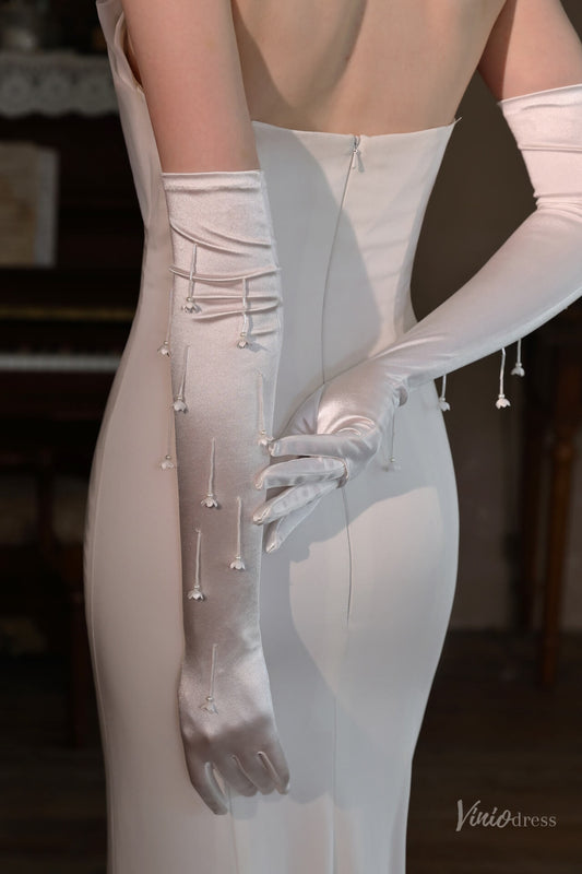 White Satin Opera Bridal Gloves with Floral Drop Details – Long Elegant Wedding Gloves for Women WG218