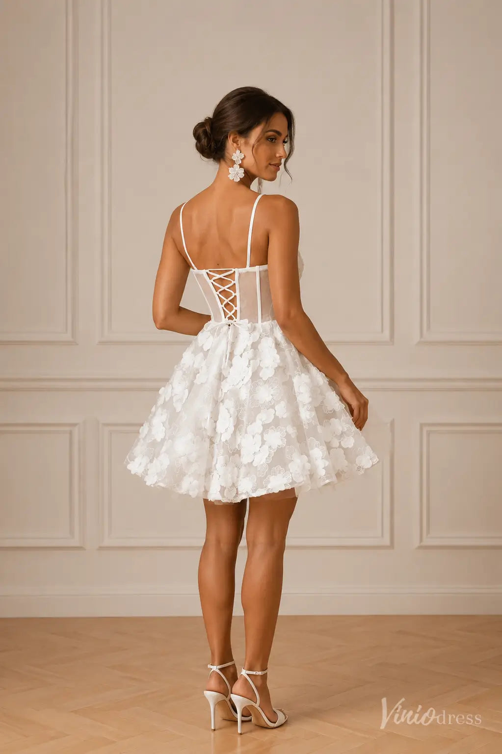 Whimsical 3D Floral Short Wedding Dress with Sheer Corset and Spaghetti Straps - BP011