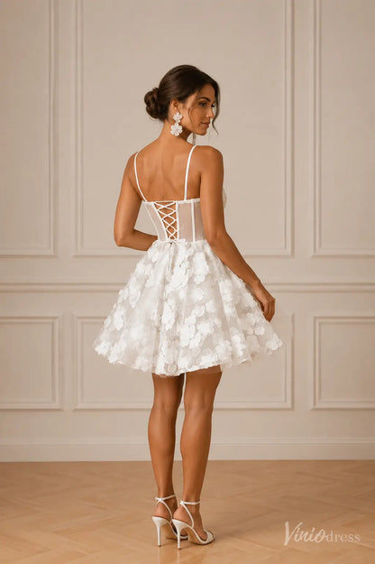 Whimsical 3D Floral Short Wedding Dress with Sheer Corset and Spaghetti Straps - BP011