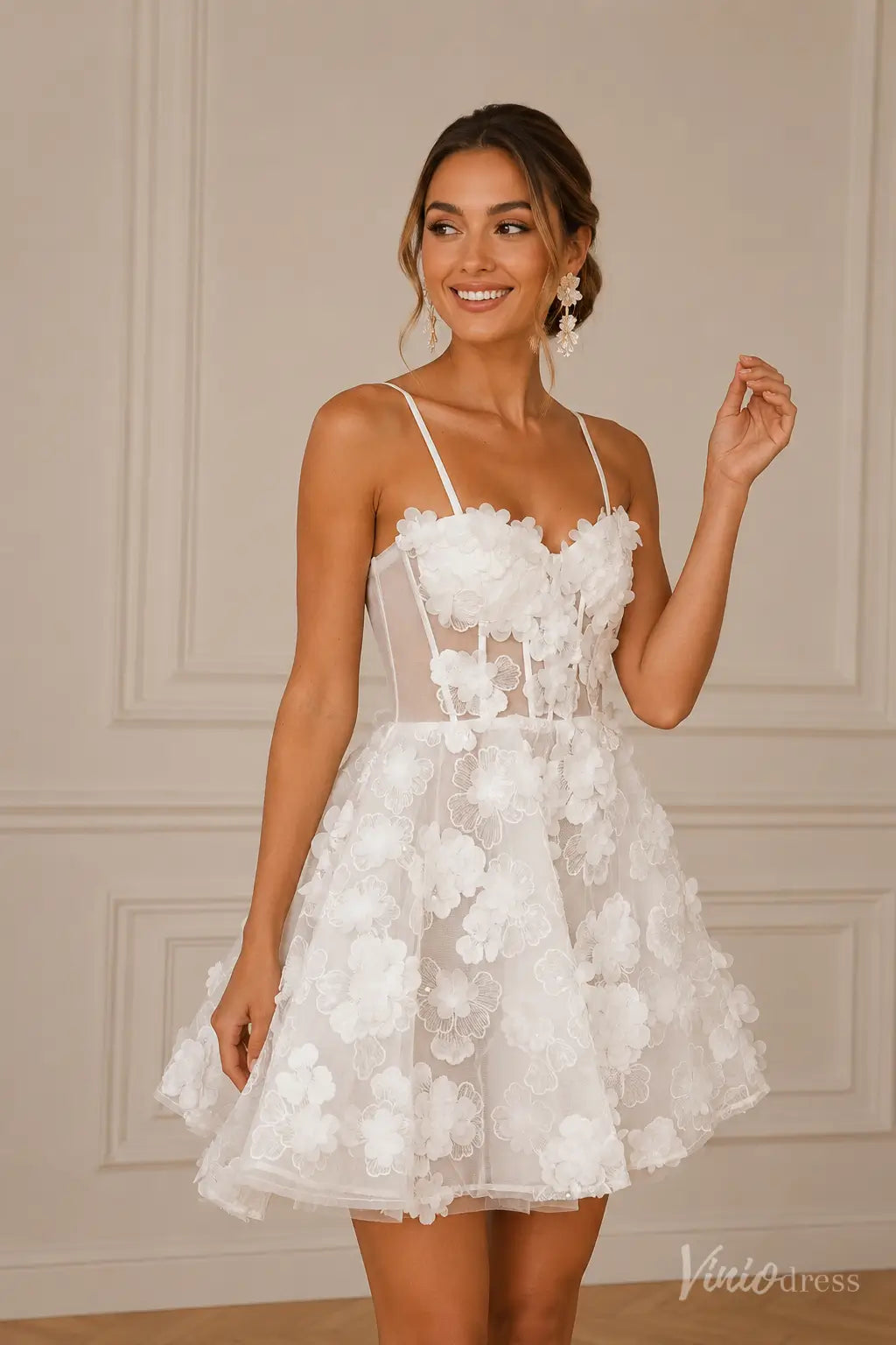 Whimsical 3D Floral Short Wedding Dress with Sheer Corset and Spaghetti Straps - BP011