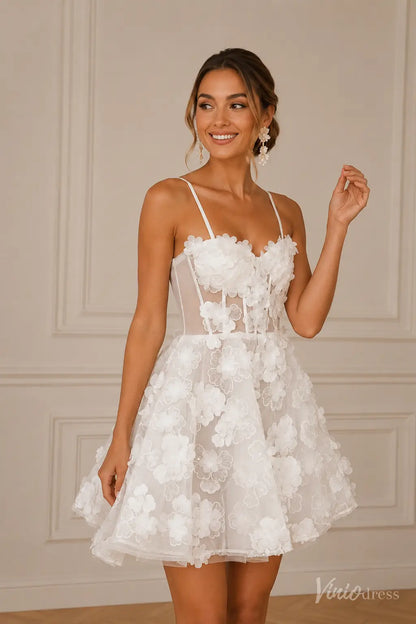 Whimsical 3D Floral Short Wedding Dress with Sheer Corset and Spaghetti Straps - BP011