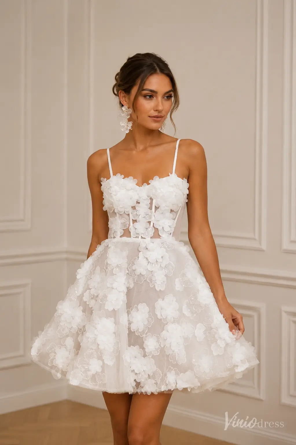 short wedding dress corset Mini with Draped Bubble Skirt 50 hours of dedicated artisan work 3D Floral Short Wedding Dress