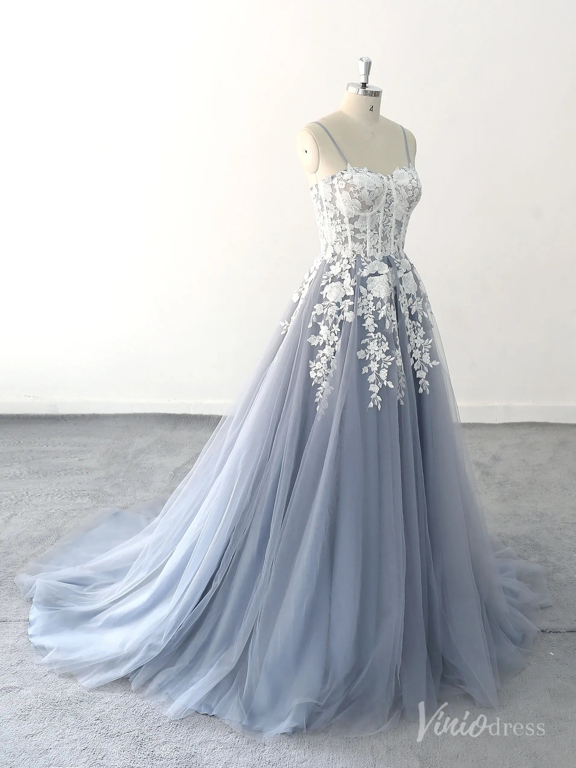 Whimsical Blue Wedding Dress with Sheer Corset and Floral Lace Appliques – FW216 – Viniodress