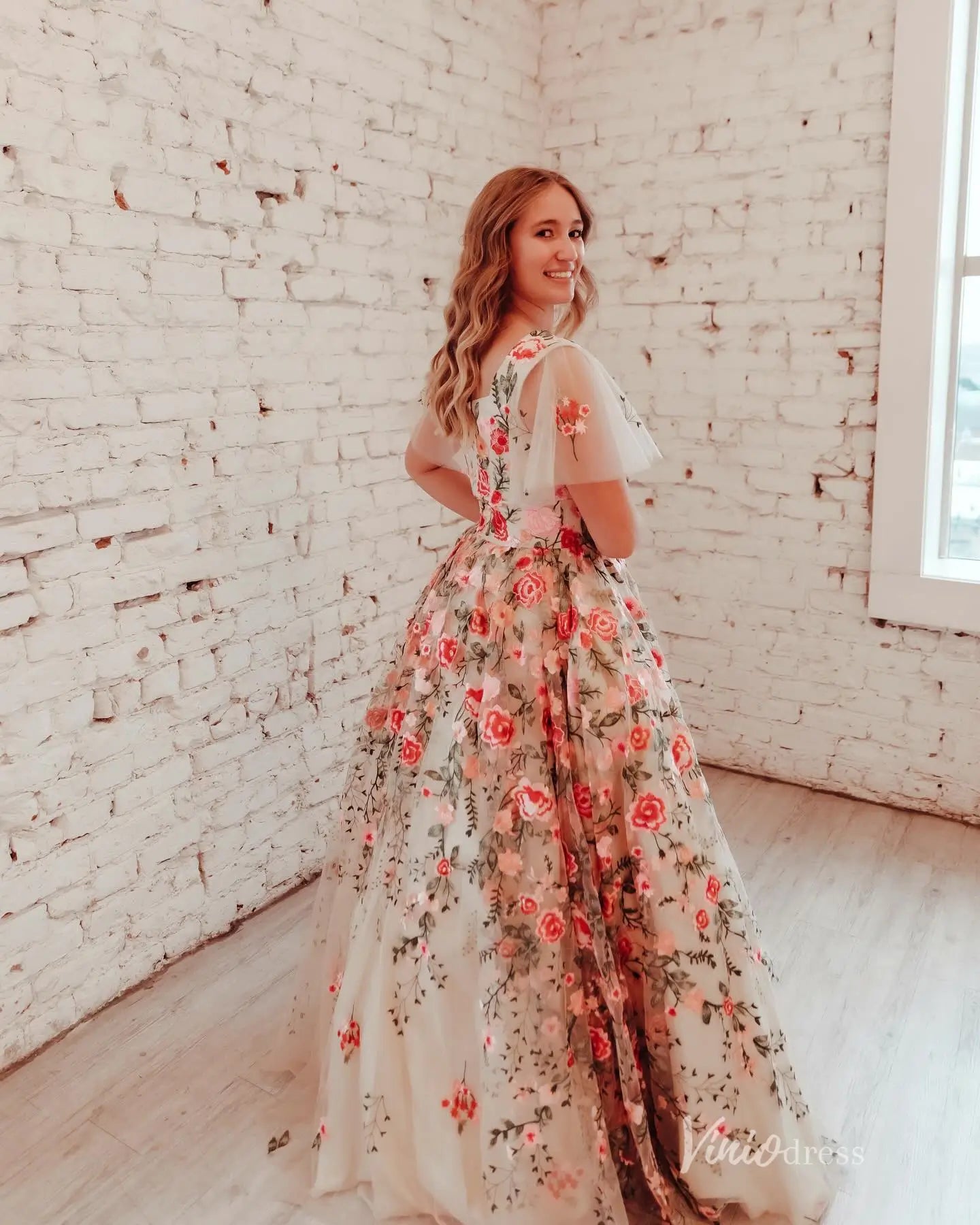 Whimsical Floral Embroidered Ball Gown with Flutter Sleeves – FW215 – Viniodress