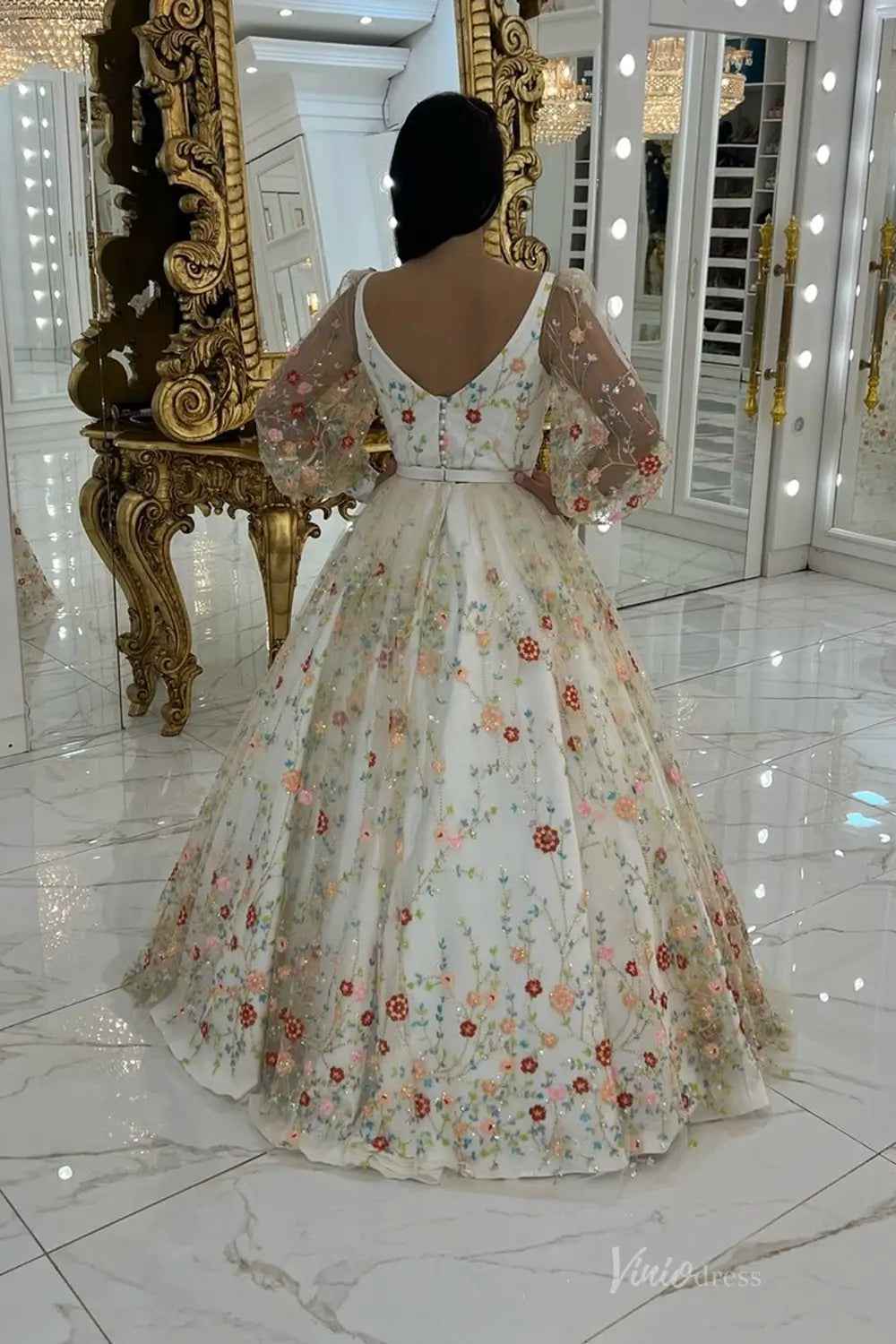 Whimsical Floral Embroidered Ball Gown with Sheer Puff Sleeves & Square Neckline – FW255-wedding dresses 2025 -Viniodress-Champagne-Custom Size-Puff Sleeve
