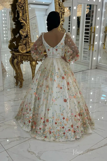 Whimsical Floral Embroidered Ball Gown with Sheer Puff Sleeves & Square Neckline – FW255-wedding dresses 2025 -Viniodress-Champagne-Custom Size-Puff Sleeve