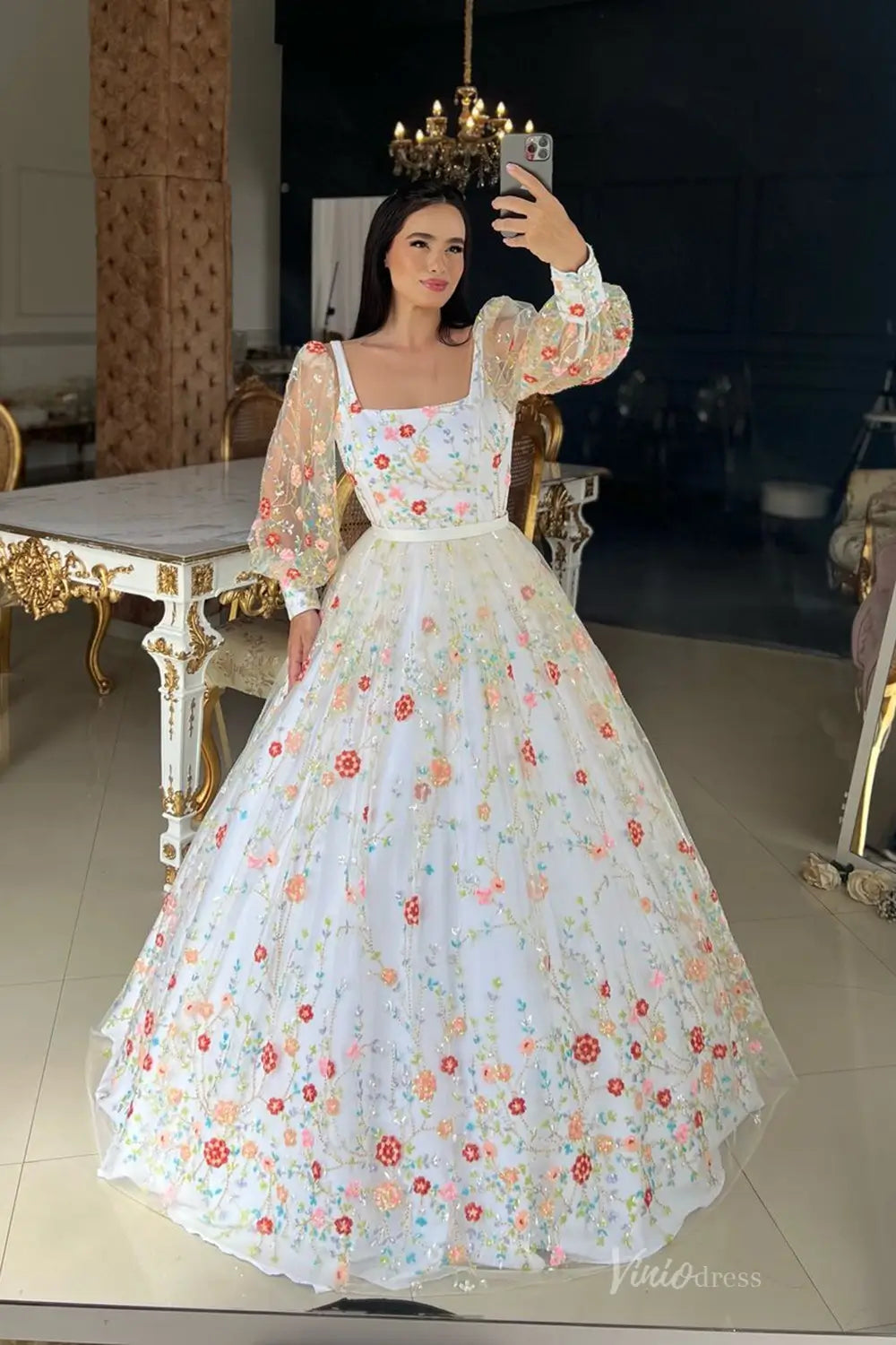 Whimsical Floral Embroidered Ball Gown with Sheer Puff Sleeves & Square Neckline – FW255-wedding dresses 2025 -Viniodress-Champagne-Custom Size-Puff Sleeve