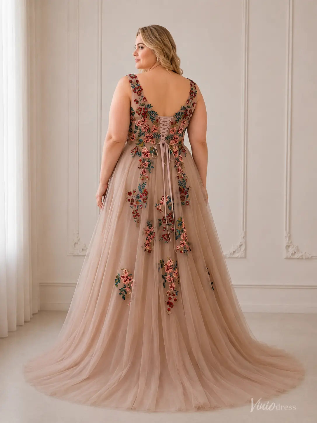 Whimsical Floral Tulle Wedding Dress | V-Neck Gown with Corset Back, Colorful Embroidery FW144-wedding dresses 2026-Viniodress-Taupe-Custom Size – Add Measurements in Cart-