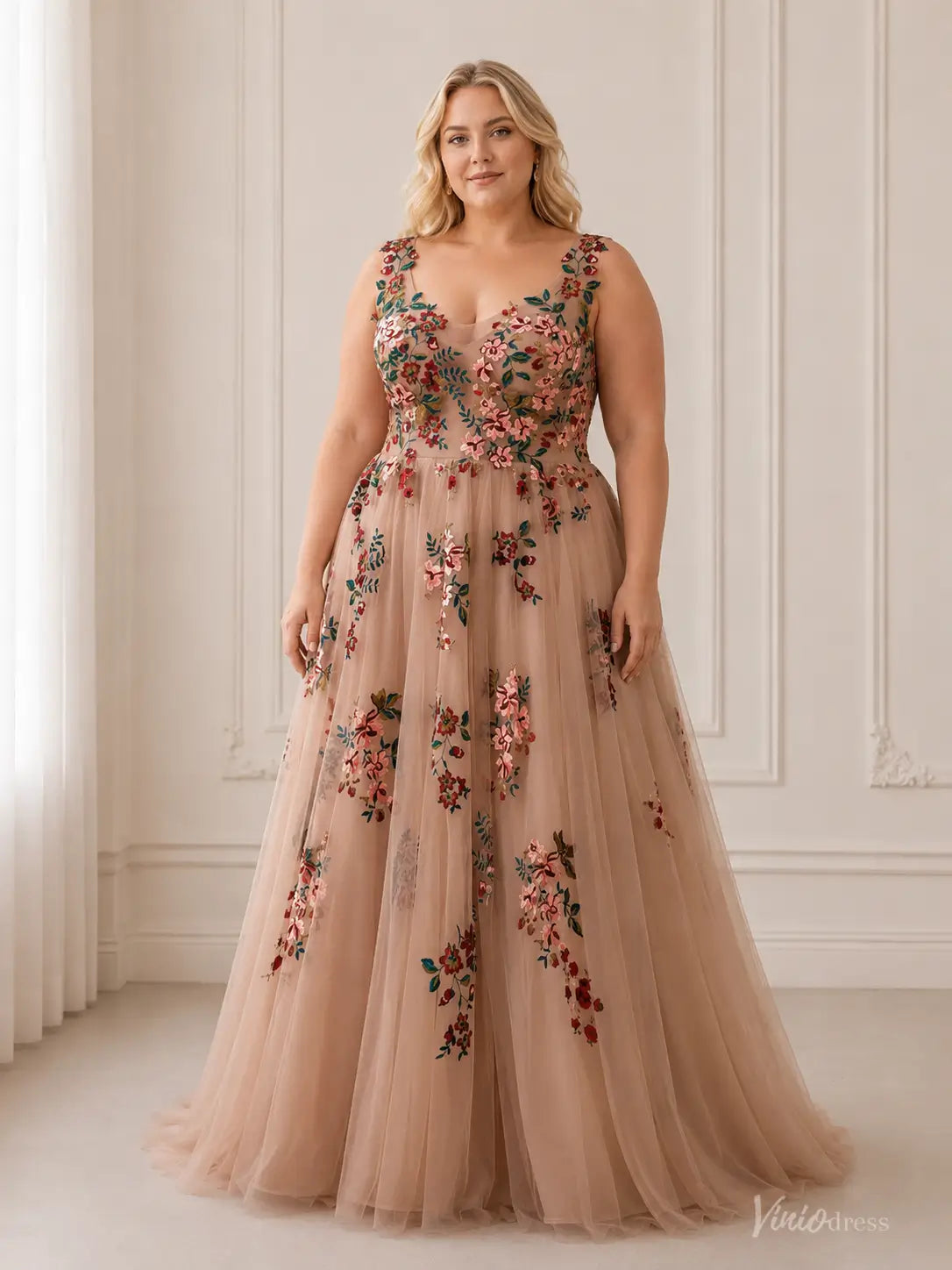 Whimsical Floral Tulle Wedding Dress | V-Neck Gown with Corset Back, Colorful Embroidery FW144-wedding dresses 2026-Viniodress-Taupe-Custom Size – Add Measurements in Cart-
