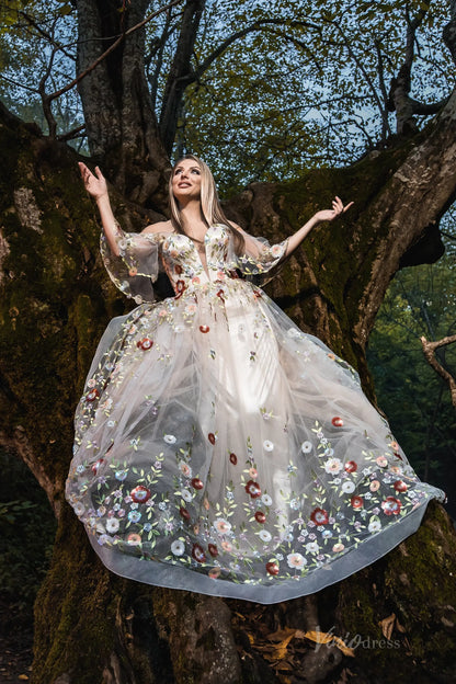 Whimsical Forest Wedding Dress Floral Beaded Embroidery Photography Dresses FW105-wedding dresses 2025 -Viniodress-Champagne-Custom Size-