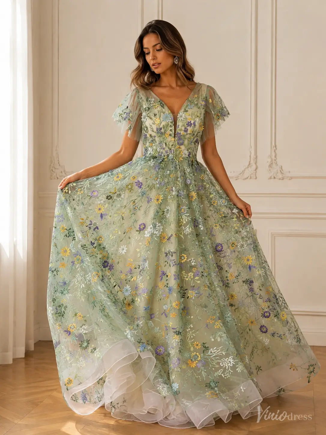 Whimsical Forest Wedding Dress | Green Floral Embroidery Photography Dress FW102