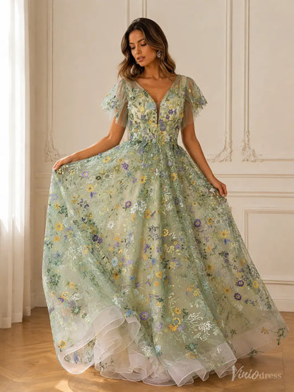Whimsical Forest Wedding Dress | Green Floral Embroidery Photography Dress FW102