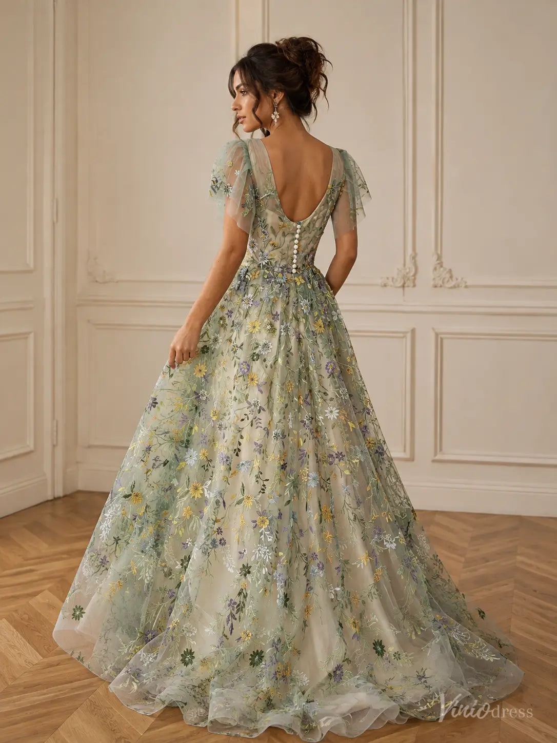 Whimsical Forest Wedding Dress | Green Floral Embroidery Photography Dress FW102