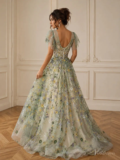Whimsical Forest Wedding Dress | Green Floral Embroidery Photography Dress FW102