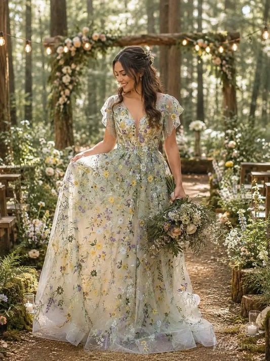 Whimsical Forest Wedding Dress | Green Floral Embroidery Photography Dress FW102