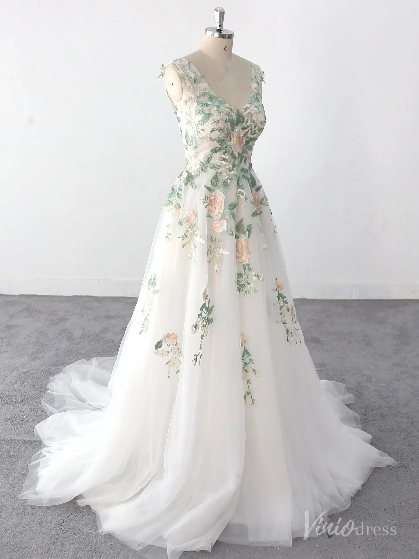 Whimsical Ivory Floral Wedding Dress with Pastel Embroidery and V-Neck – FW221 – Viniodress