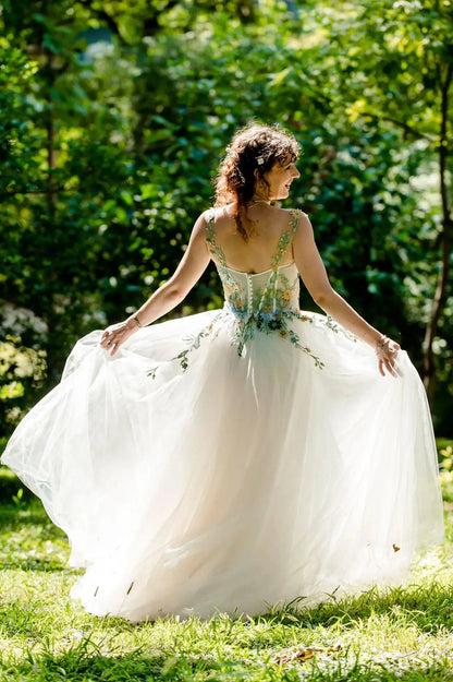 Whimsical Meadow Floral Wedding Dresses Basque Waist, Boned Bodice FW103-wedding dresses 2025 -Viniodress-Ivory-Custom Size-
