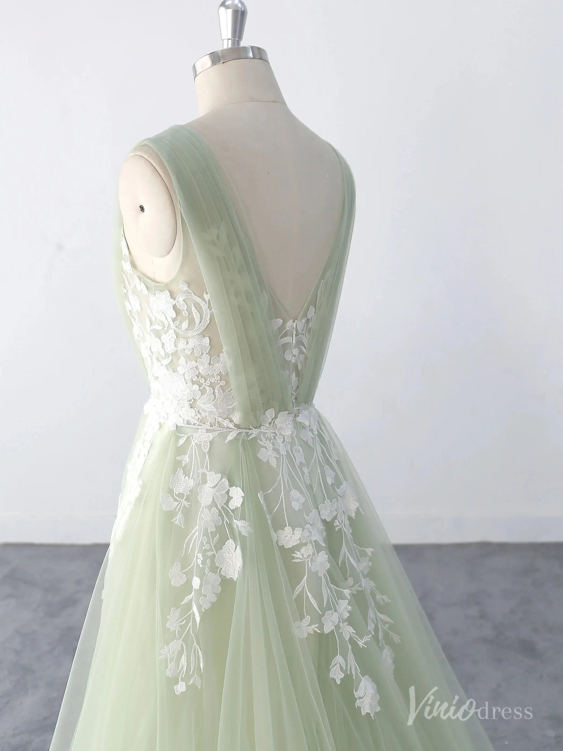 Whimsical Sage Green Wedding Dress with Floral Lace Appliques and Illusion V-Neck – FW220 – Viniodress