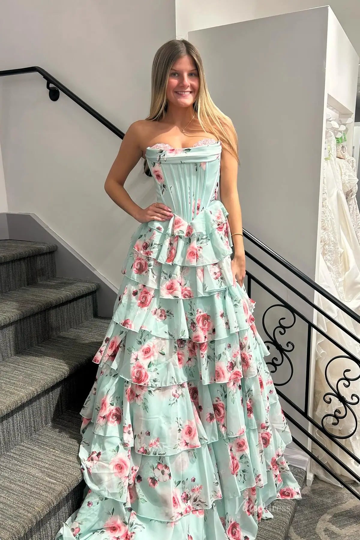 Turquoise Floral Corset Prom Dress with Tiered Ruffle Skirt – RF137 – Viniodress