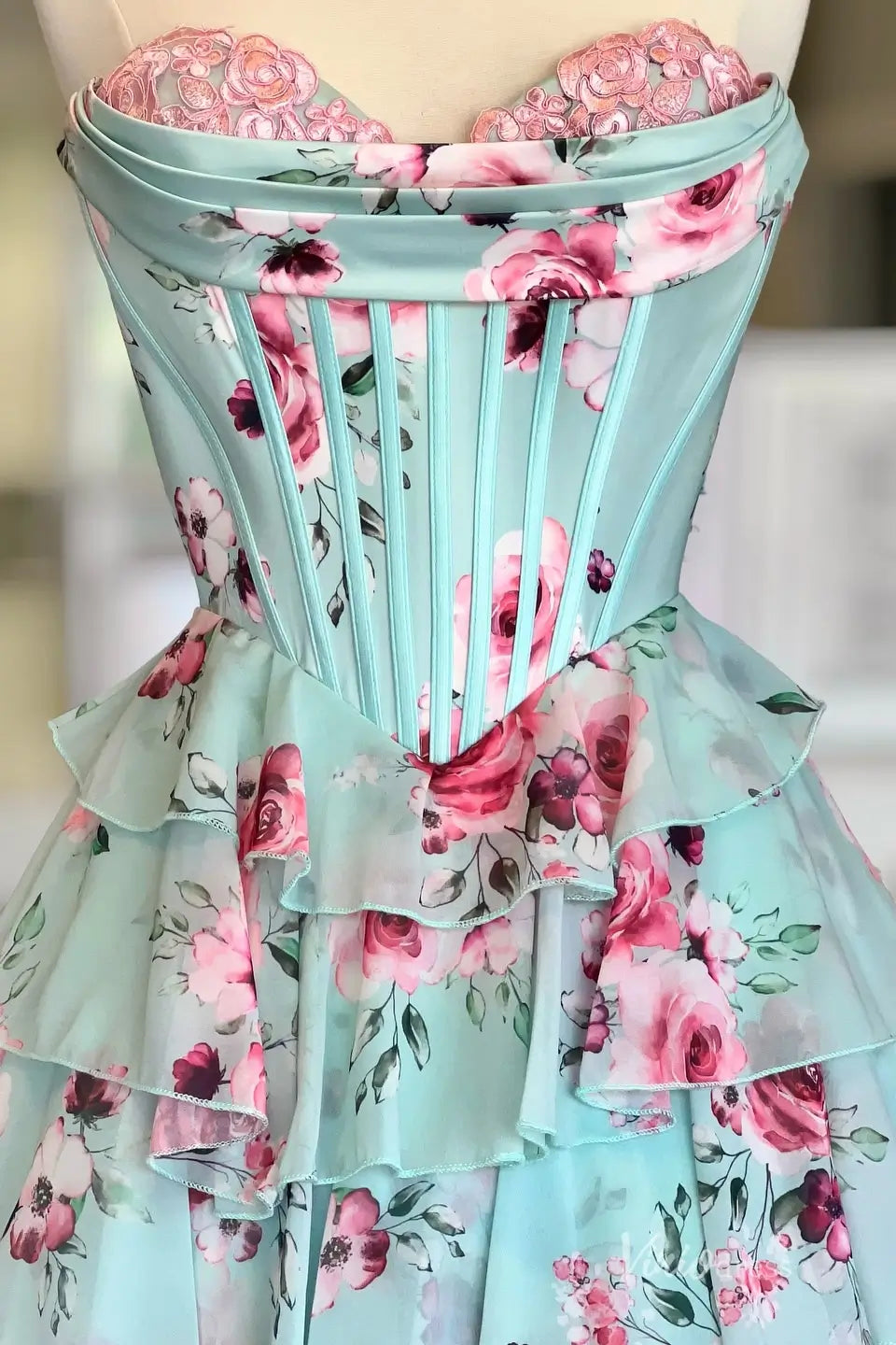 Turquoise Floral Corset Prom Dress with Tiered Ruffle Skirt – RF137 – Viniodress