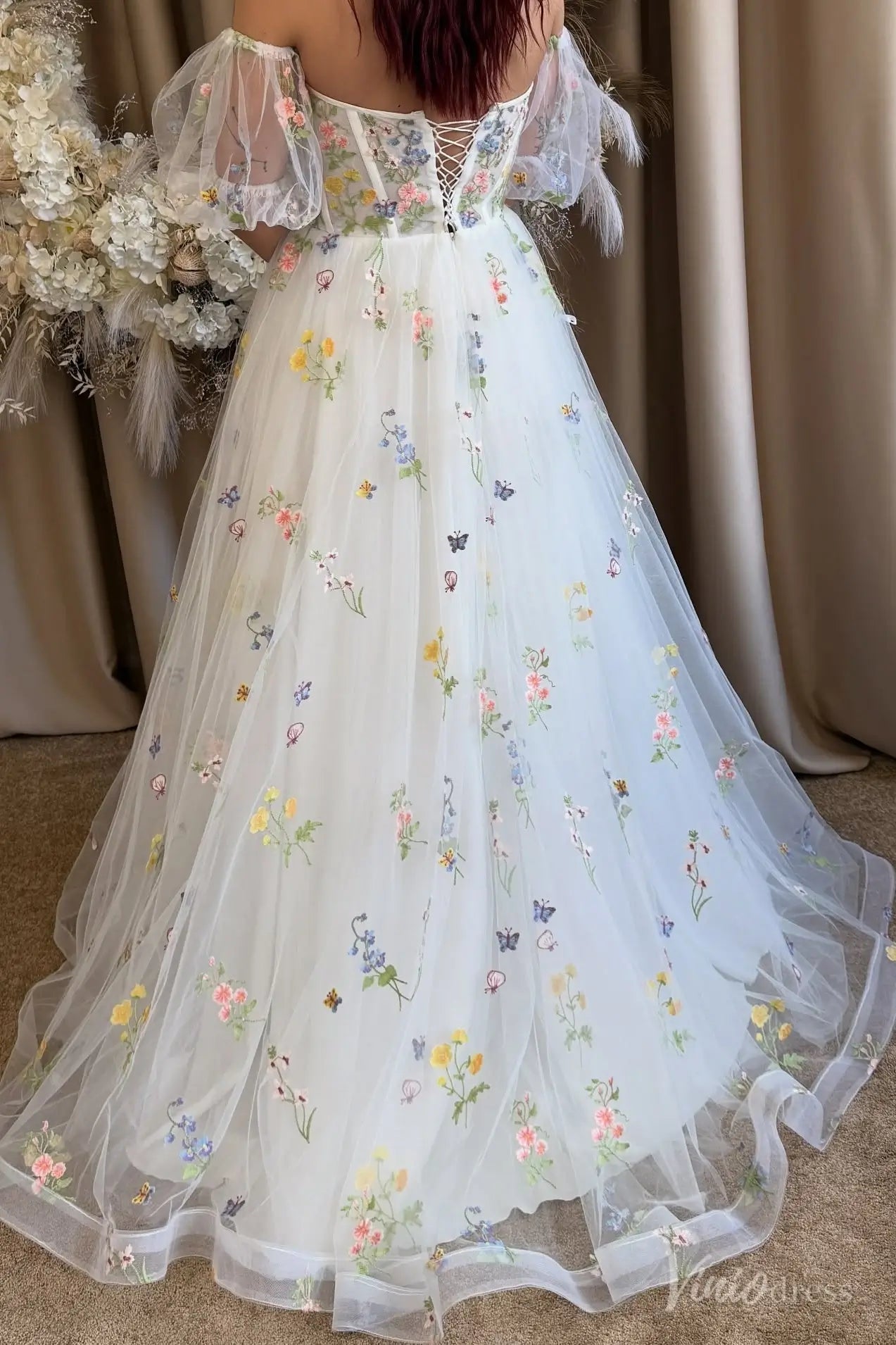 Whimsical Wildflower Embroidered Wedding Dress with Removable Sleeves – Viniodress