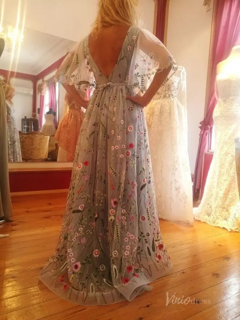 Whimsical Wildflower Wedding Dress | V-Neck Backless Gown with Elbow Sleeves, Ribbon Sash FW110-wedding dresses 2025 -Viniodress-Lavender-Custom Size-