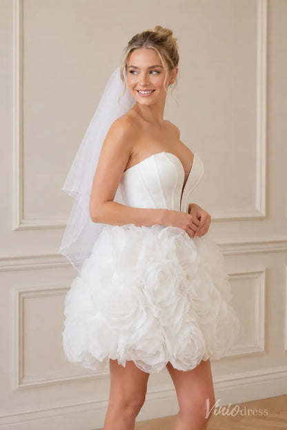 Strapless white mini wedding dress S26130 with a corset bodice and ruffled rosette skirt.