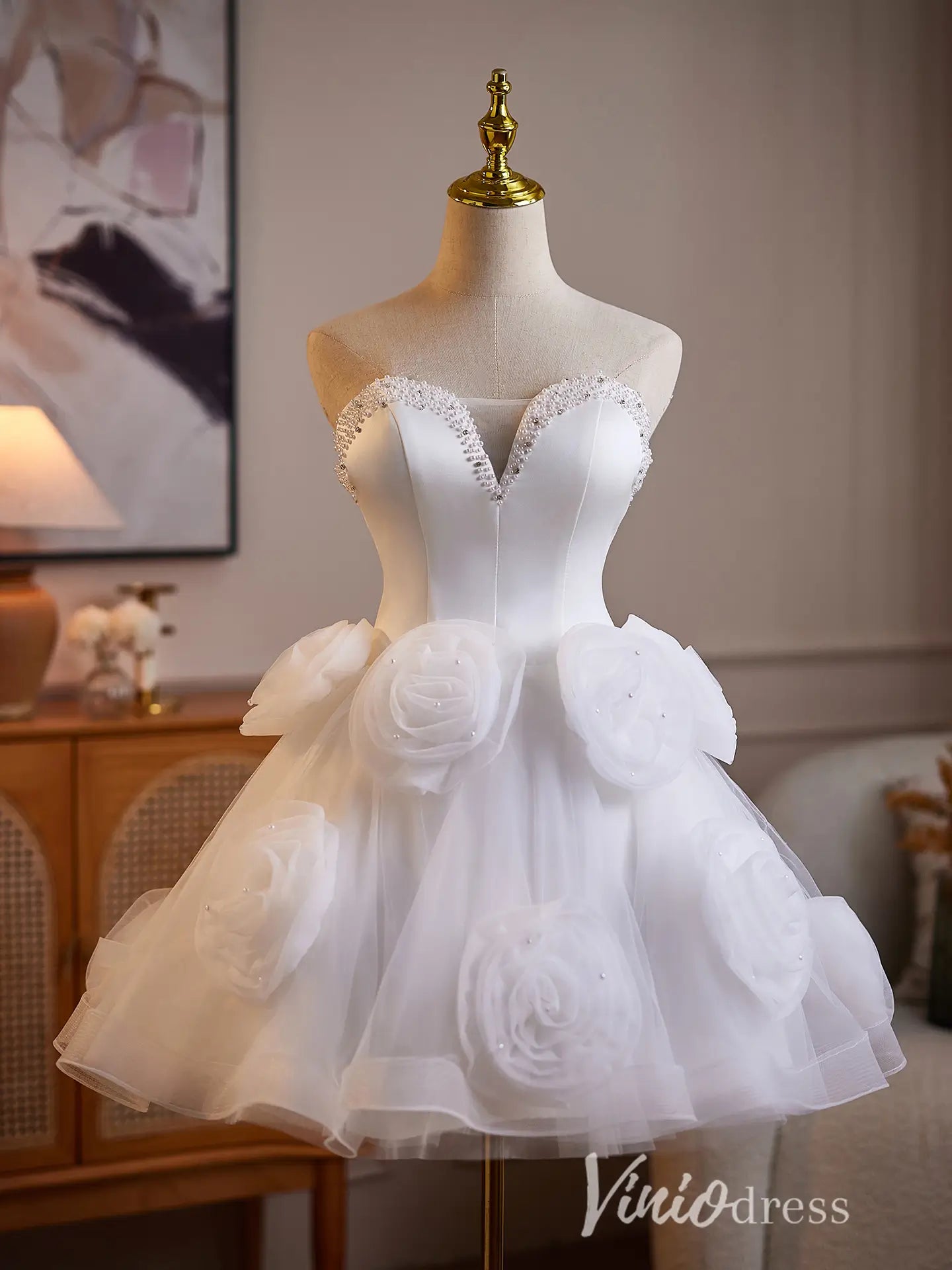 White 3D Rosette Strapless Hoco Dress with Pearl Beaded Corset – Viniodress