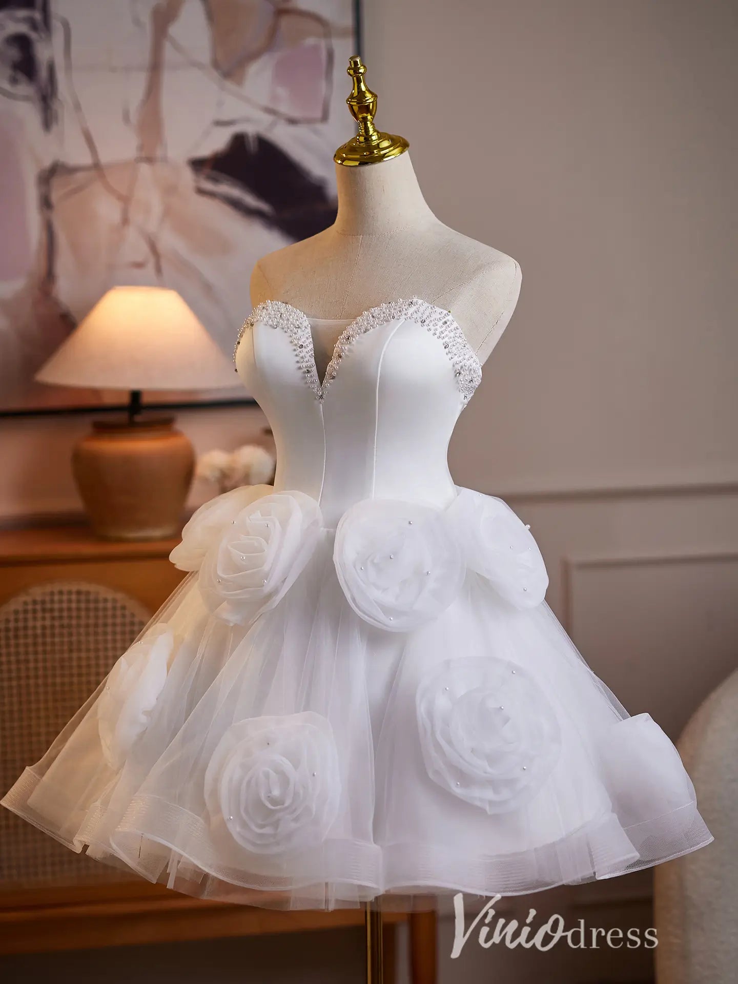 White 3D Rosette Strapless Hoco Dress with Pearl Beaded Corset – Viniodress