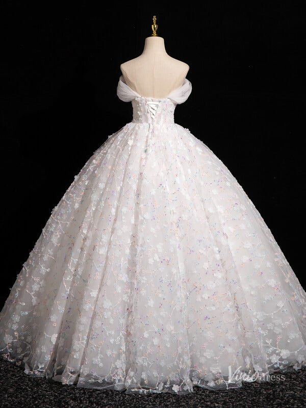 White Floral Prom Dresses Ball Gowns Off the Shoulder Quinceanera Dresses BG042-prom dresses 2025 -Viniodress-Ivory-Custom Size-