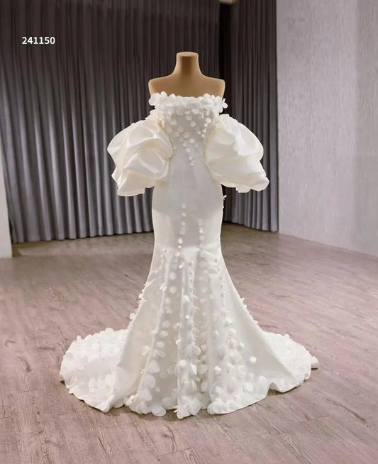 White Flower Petal Mermaid Wedding Dress with Removable Sleeves 241150-wedding dresses 2025 -Viniodress-Ivory-Custom Size-