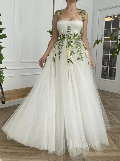 White Long Tulle Prom Dress with Pockets Meadow Green Leaf Appliques Y – Viniodress