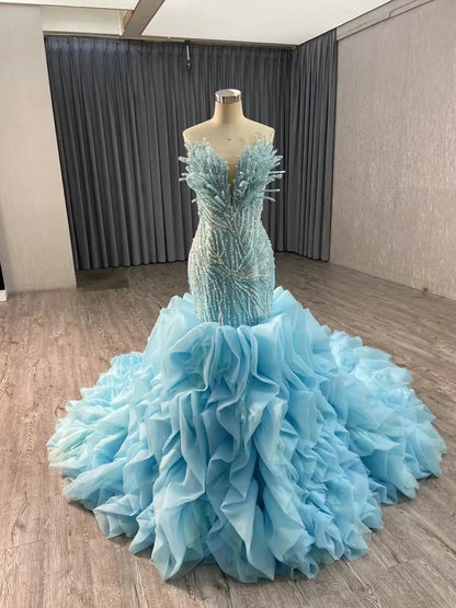 White Pearl Mermaid Wedding Dresses Tiered Strapless Pageant Dress 231040-wedding dresses 2025 -Viniodress-Aqua-Custom Size-