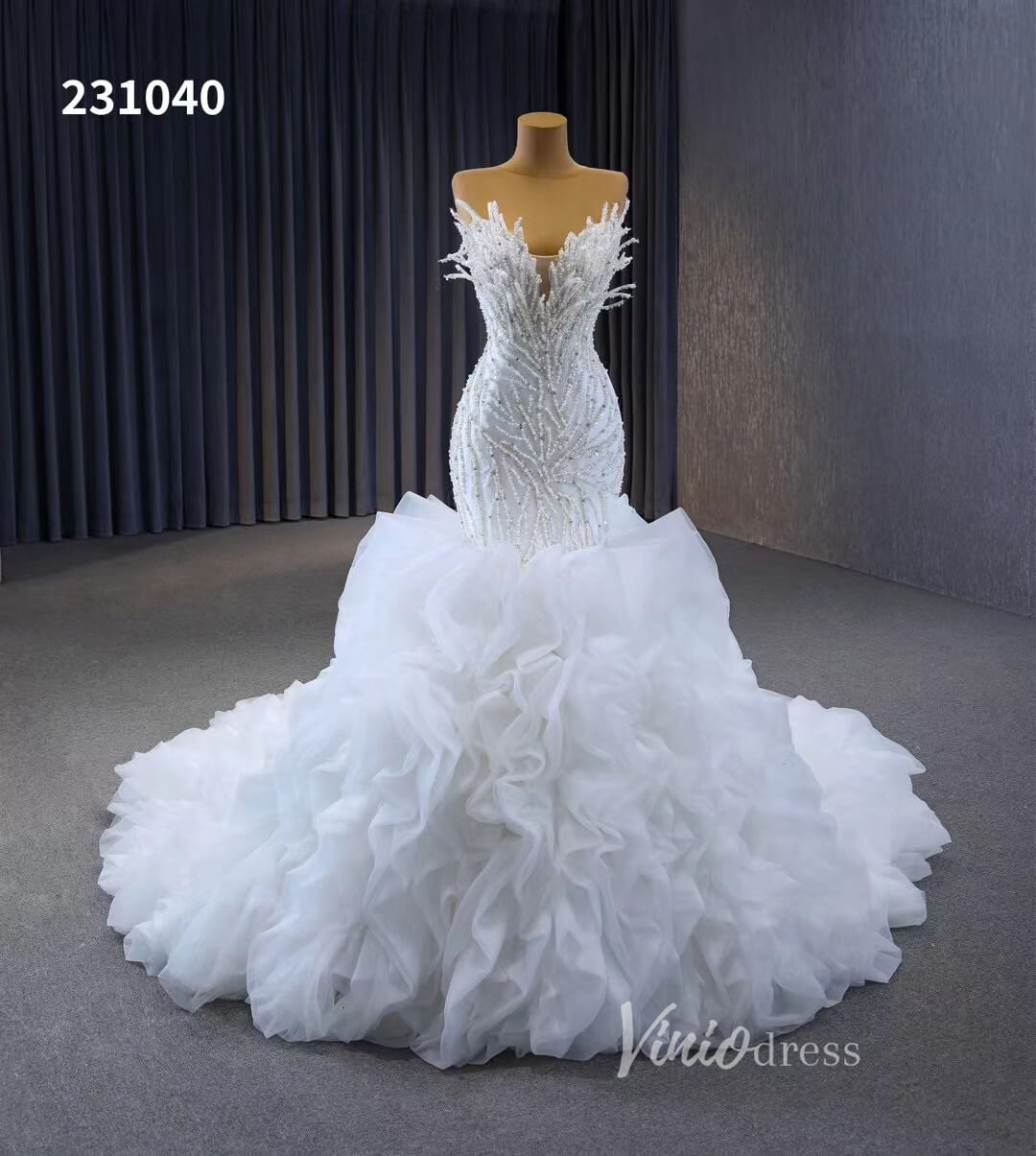 White Pearl Mermaid Wedding Dresses Tiered Strapless Pageant Dress 231040-wedding dresses 2025 -Viniodress-Ivory-Custom Size-
