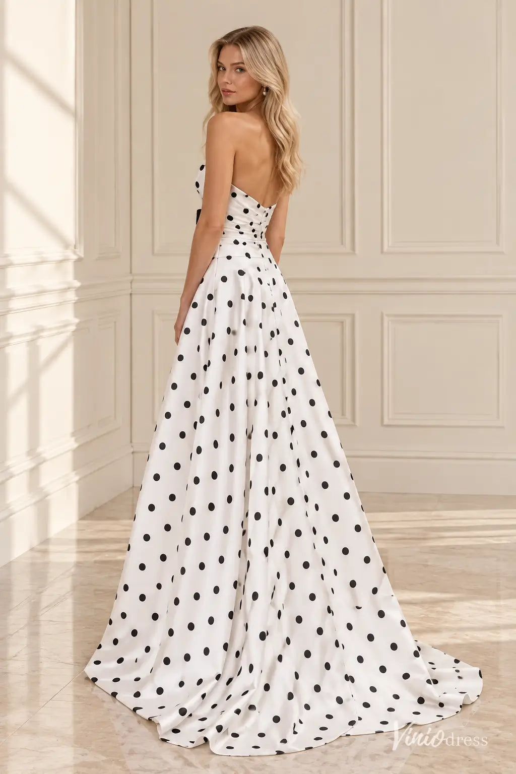 White Polka Dot Strapless Prom Dress with Bow Cutout Bodice & High Slit – AS088