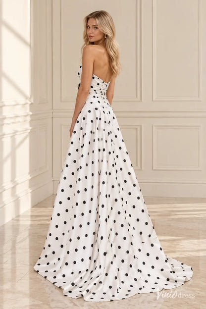 White Polka Dot Strapless Prom Dress with Bow Cutout Bodice & High Slit – AS088